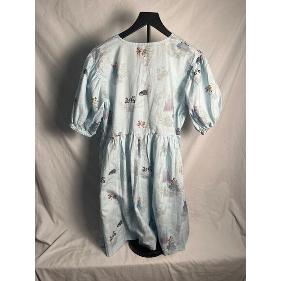 Disney Storybook Princess Print Button Front Dress Blue Puff Sleeve Size M - Picture 4 of 6